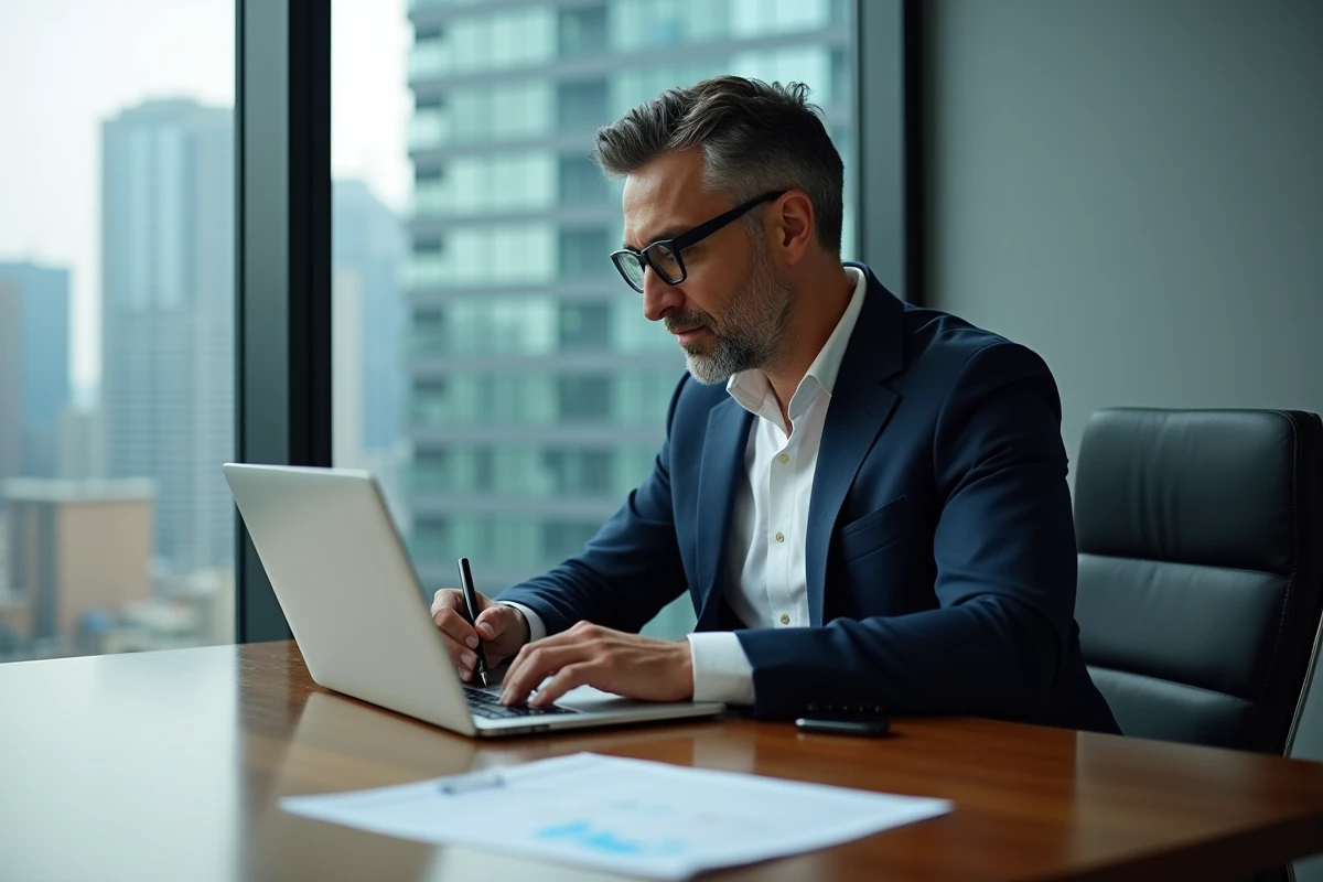 Homme d'affaires en costume navy et lunettes regardant un ordinateur
