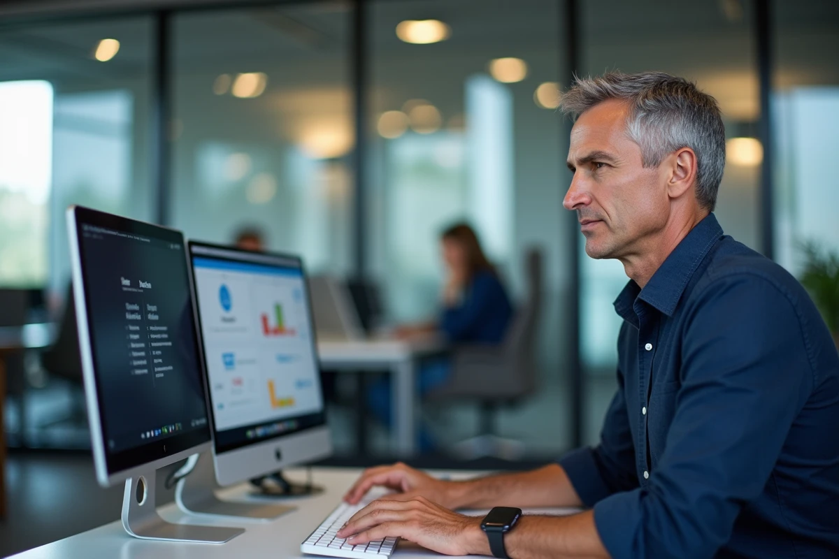 Homme utilisant un logiciel de bulletin de paie en ligne dans un open space professionnel