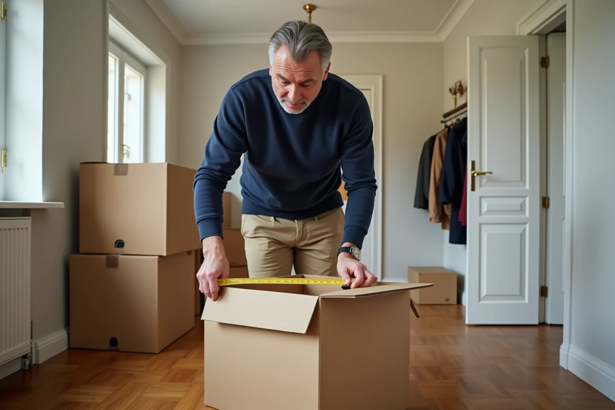 Homme mesurant une boxe vide avec un ruban dans un couloir