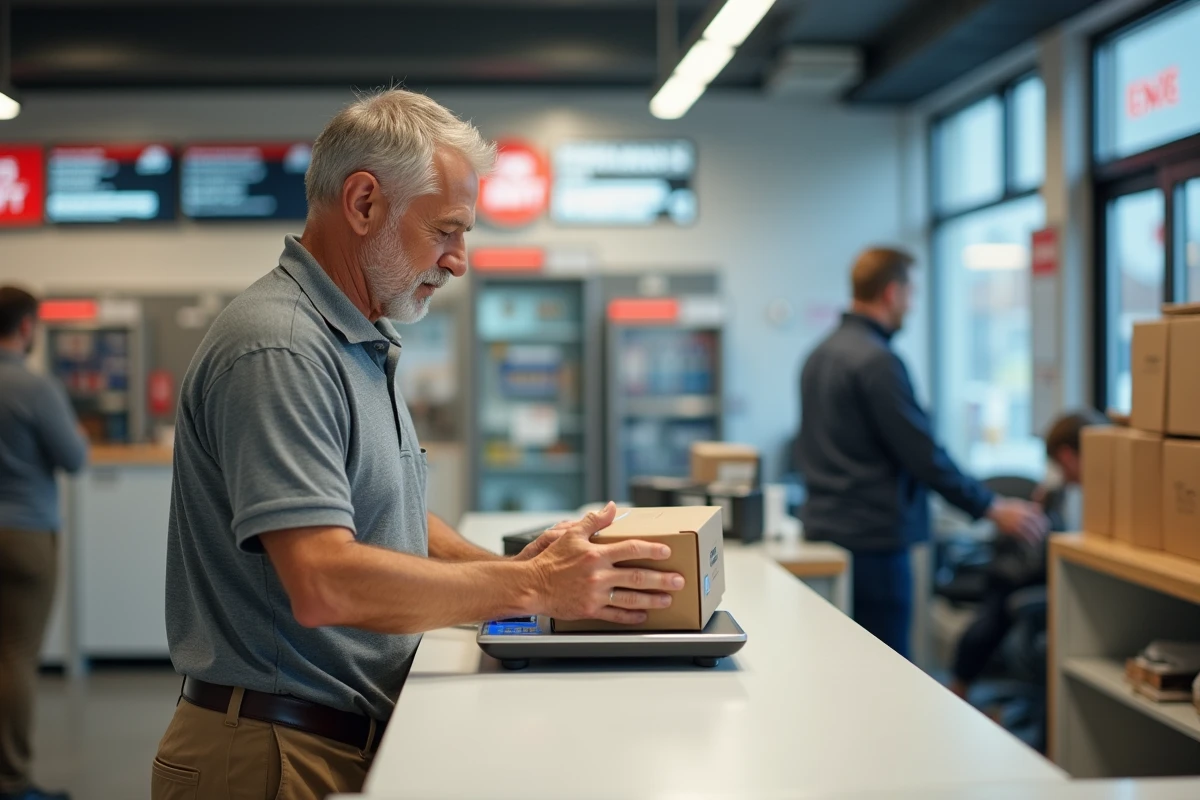 Homme déposant un colis sur une balance de bureau de poste Chronopost pour vérifier le poids maximum autorisé