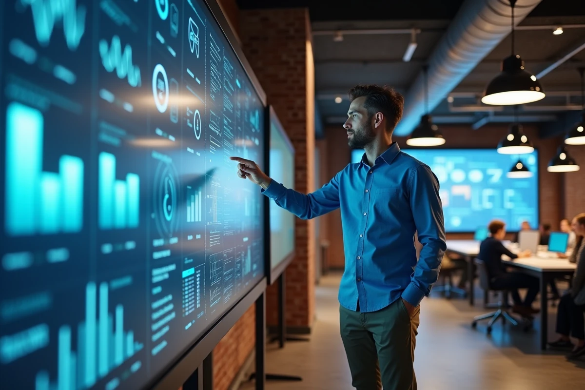 Homme expliquant une visualisation de donn&eacute;es dans un espace coworking