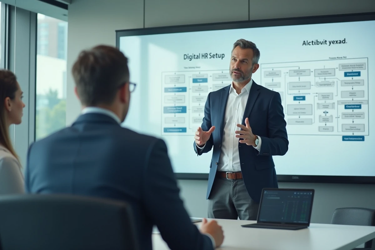 Homme en costume expliquant des diagrammes en réunion