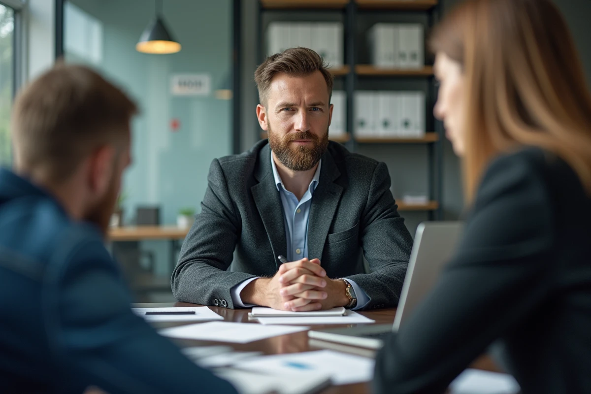 Homme en r&eacute;union dans un bureau moderne