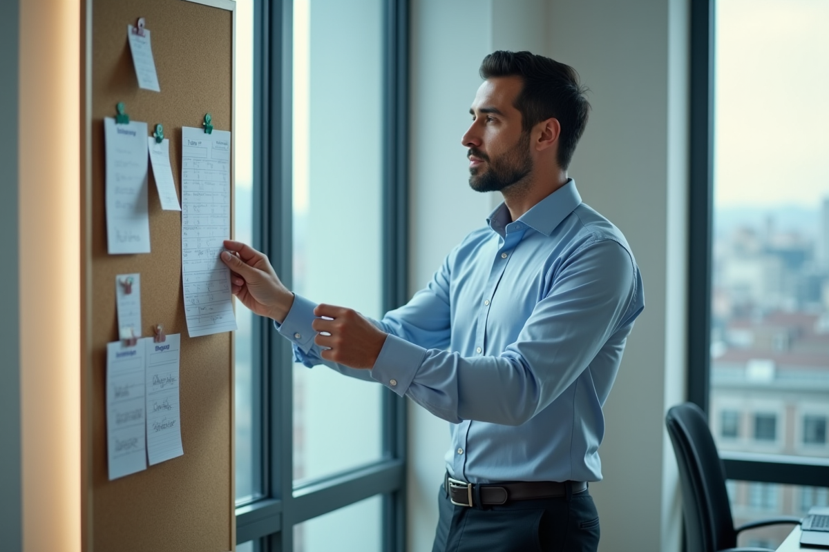 Homme vérifiant des plannings sur un tableau dans un bureau moderne