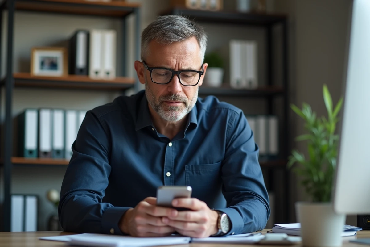 Homme d age moyen utilisant son smartphone au bureau