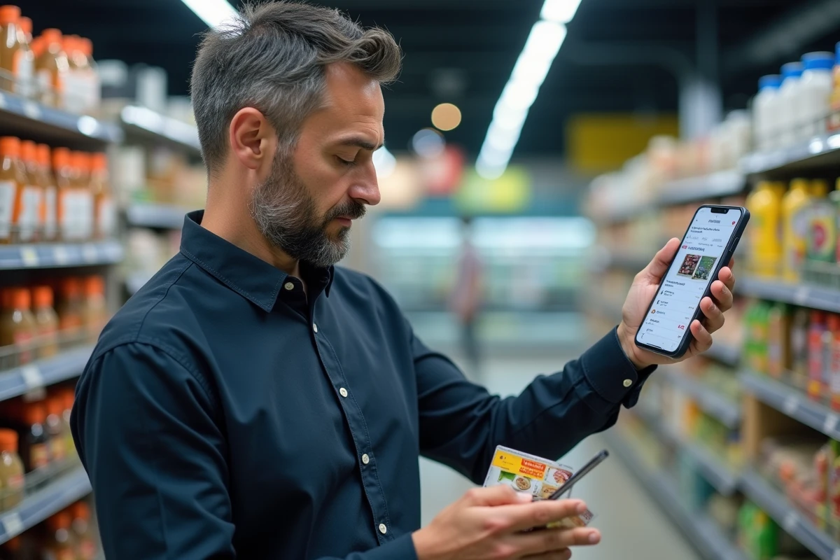 Homme en supermarché vérifiant une liste de marques fiables sur son smartphone avant un achat