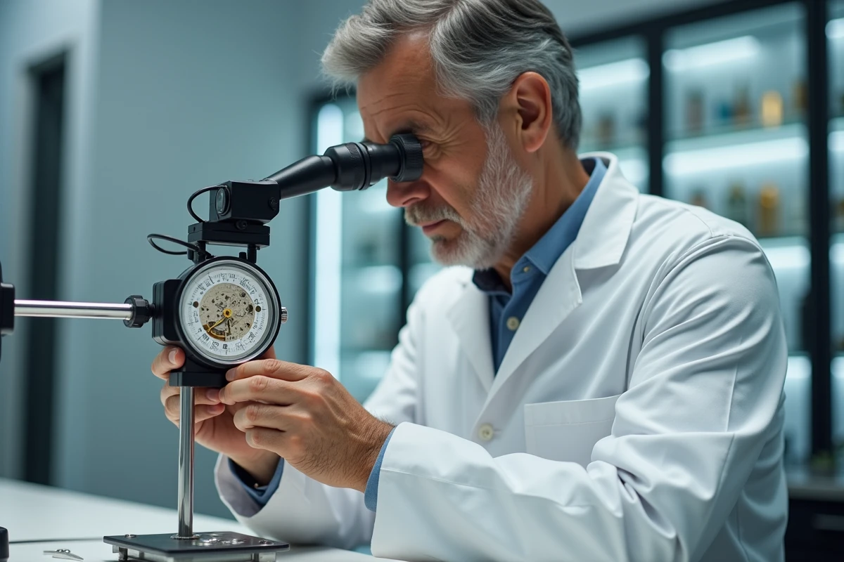 Horloger professionnel examinant le fond de boîtier d'une montre Omega avec le symbole grec oméga gravé en évidence