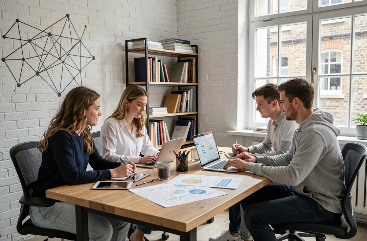 Équipe créative d'ID Interactive collaborant sur des tableaux de bord SEO et des parcours utilisateurs dans leur studio