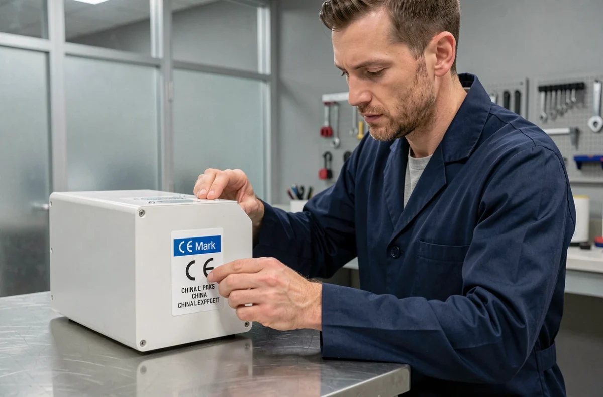 Ingénieur qualité inspectant un marquage CE China Export sur un appareil électronique en laboratoire industriel