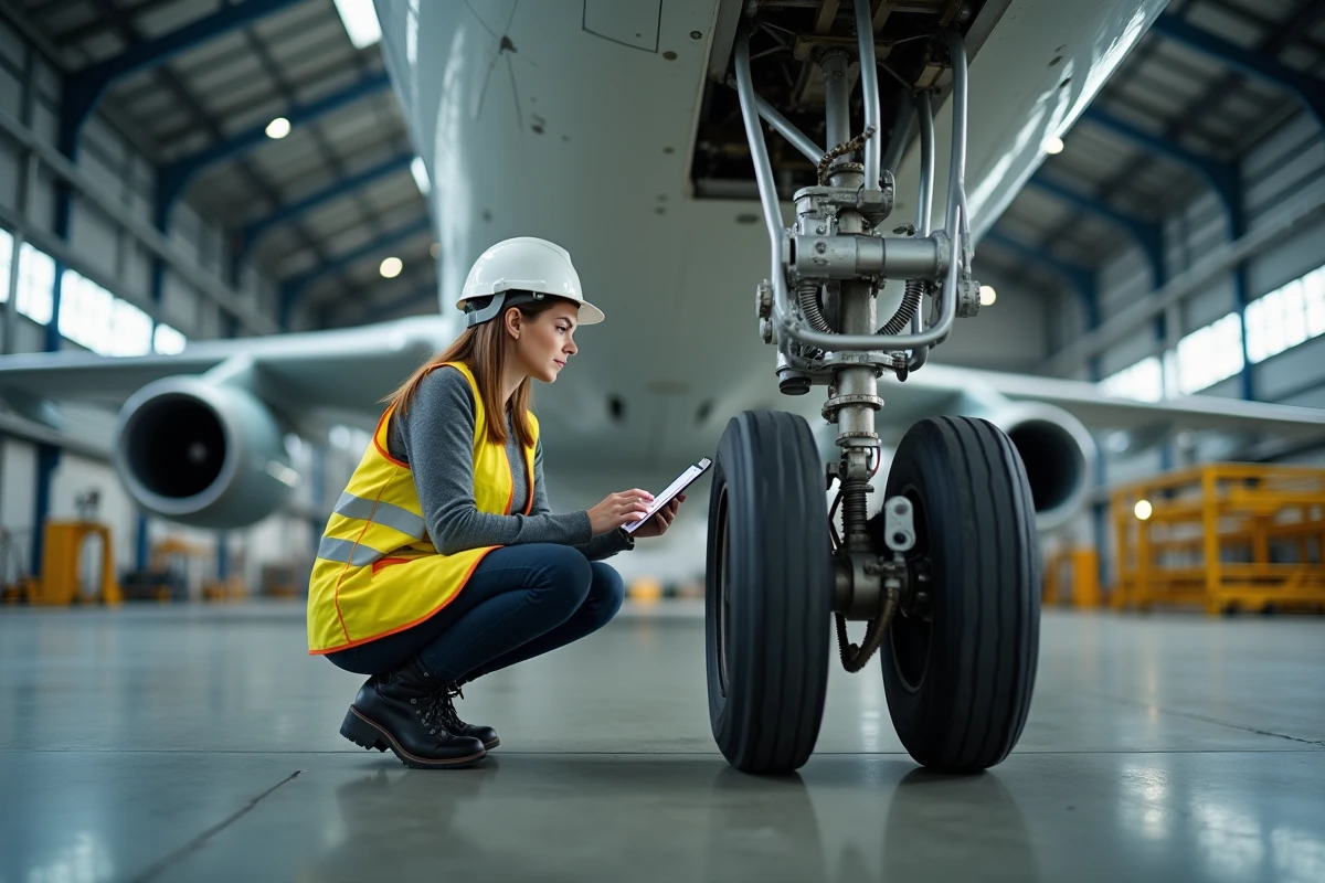 Ingénieure aéronautique inspectant le train d'atterrissage d'un avion commercial dans un hangar de maintenance