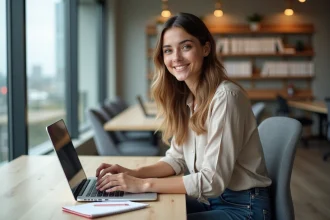 Jeune femme souriante travaillant sur un ordinateur dans un coworking