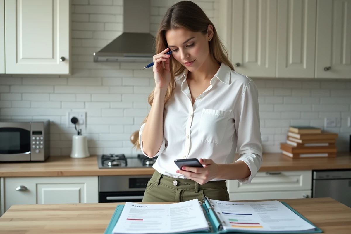 Jeune femme auto-entrepreneuse consultant son smartphone pour remplir seule son dossier ACRE avec des notes et surlignages