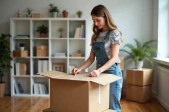 Jeune femme emballant une grande boxe en carton dans un salon lumineux