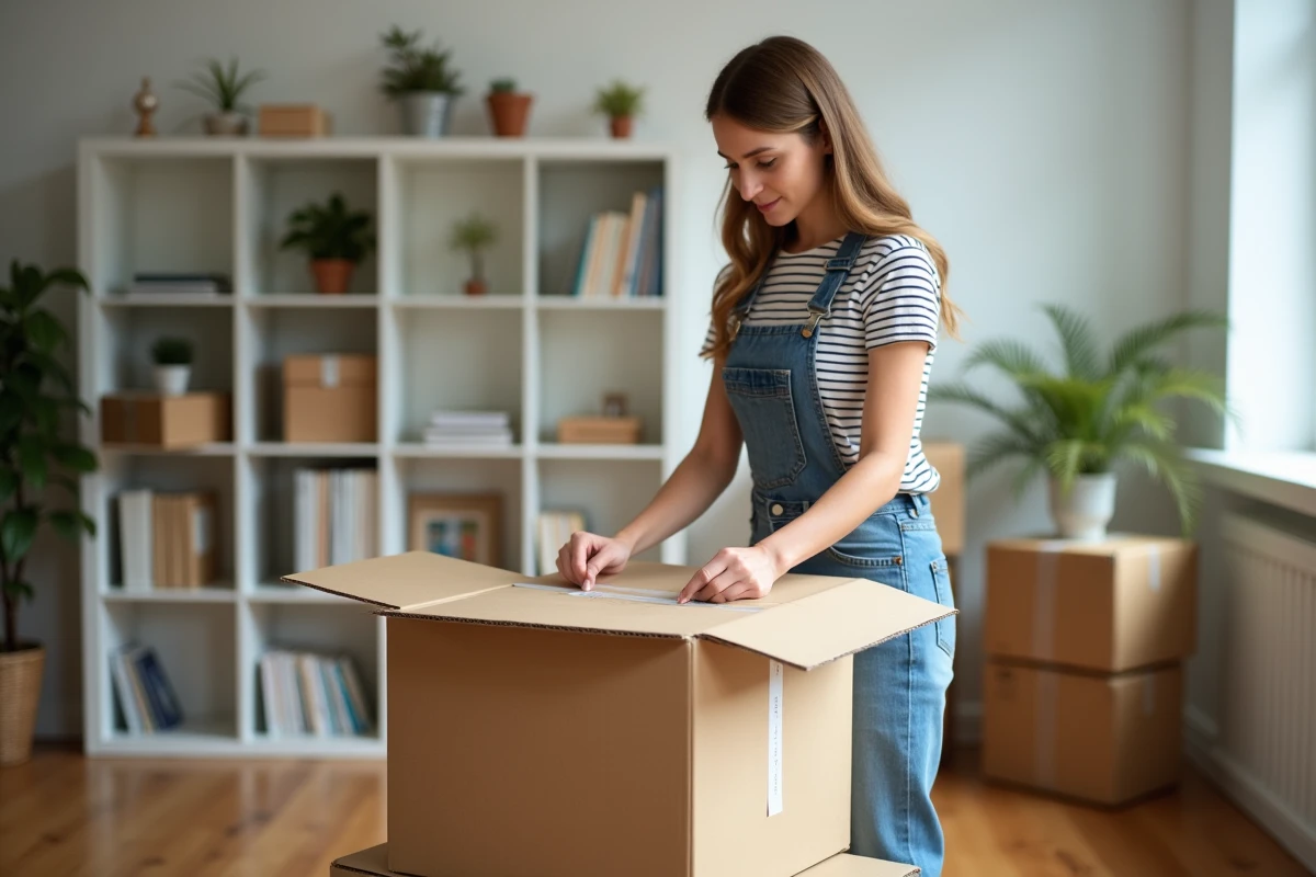 Jeune femme emballant une grande boxe en carton dans un salon lumineux