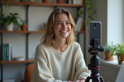 Jeune femme enregistrant avec son smartphone à son bureau