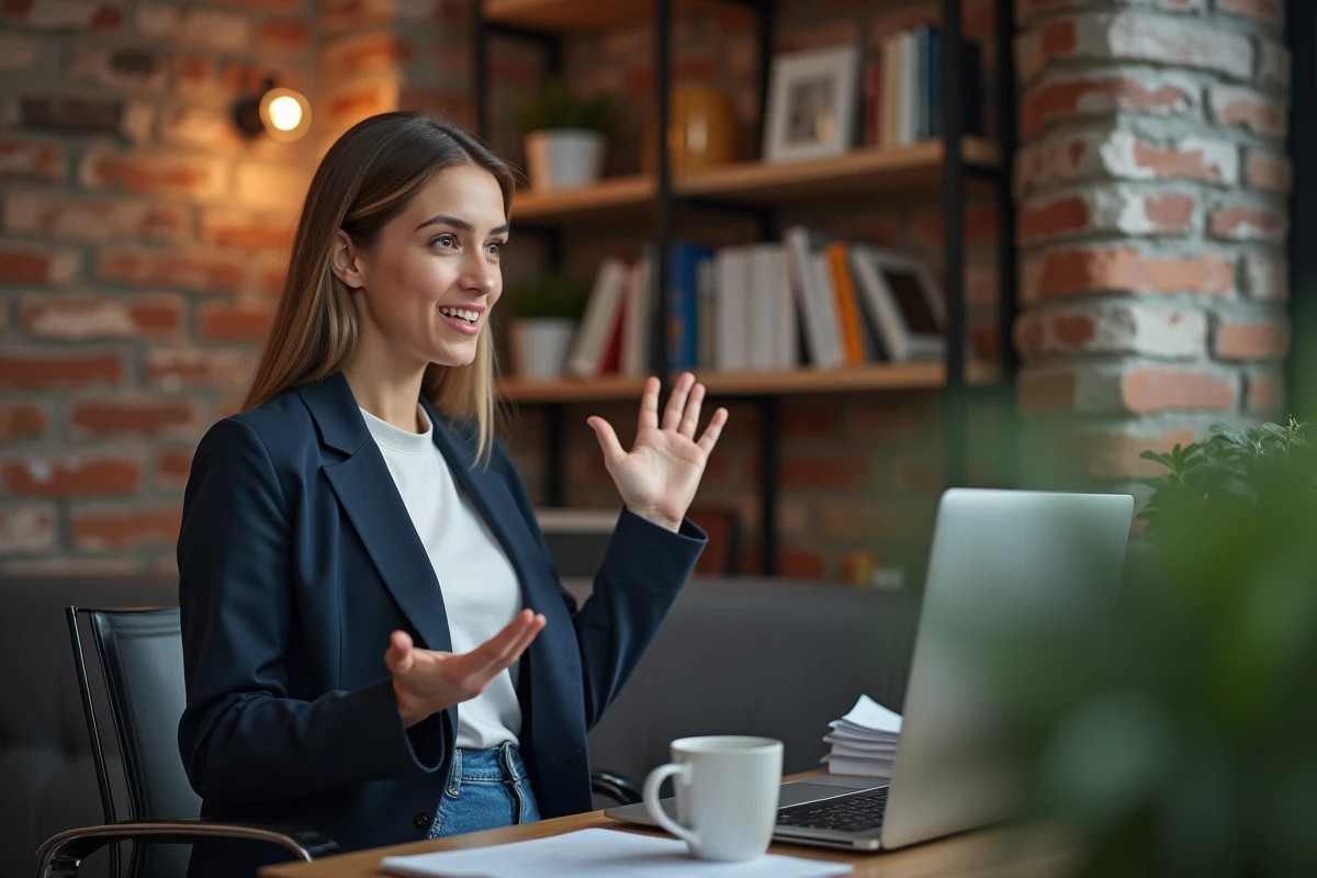 Jeune femme IT en réunion vidéo dans un espace cosy