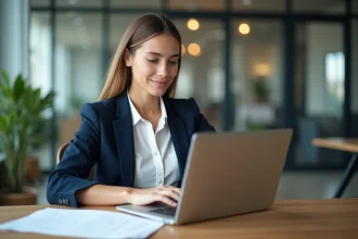 Jeune femme préparant son premier CV sur un ordinateur portable dans un espace de coworking moderne