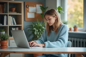 Jeune femme concentrée travaillant sur son ordinateur dans un salon lumineux