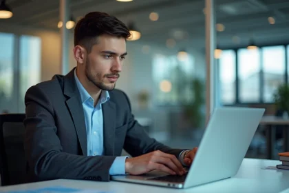 Jeune homme en bureau moderne utilisant son ordinateur portable