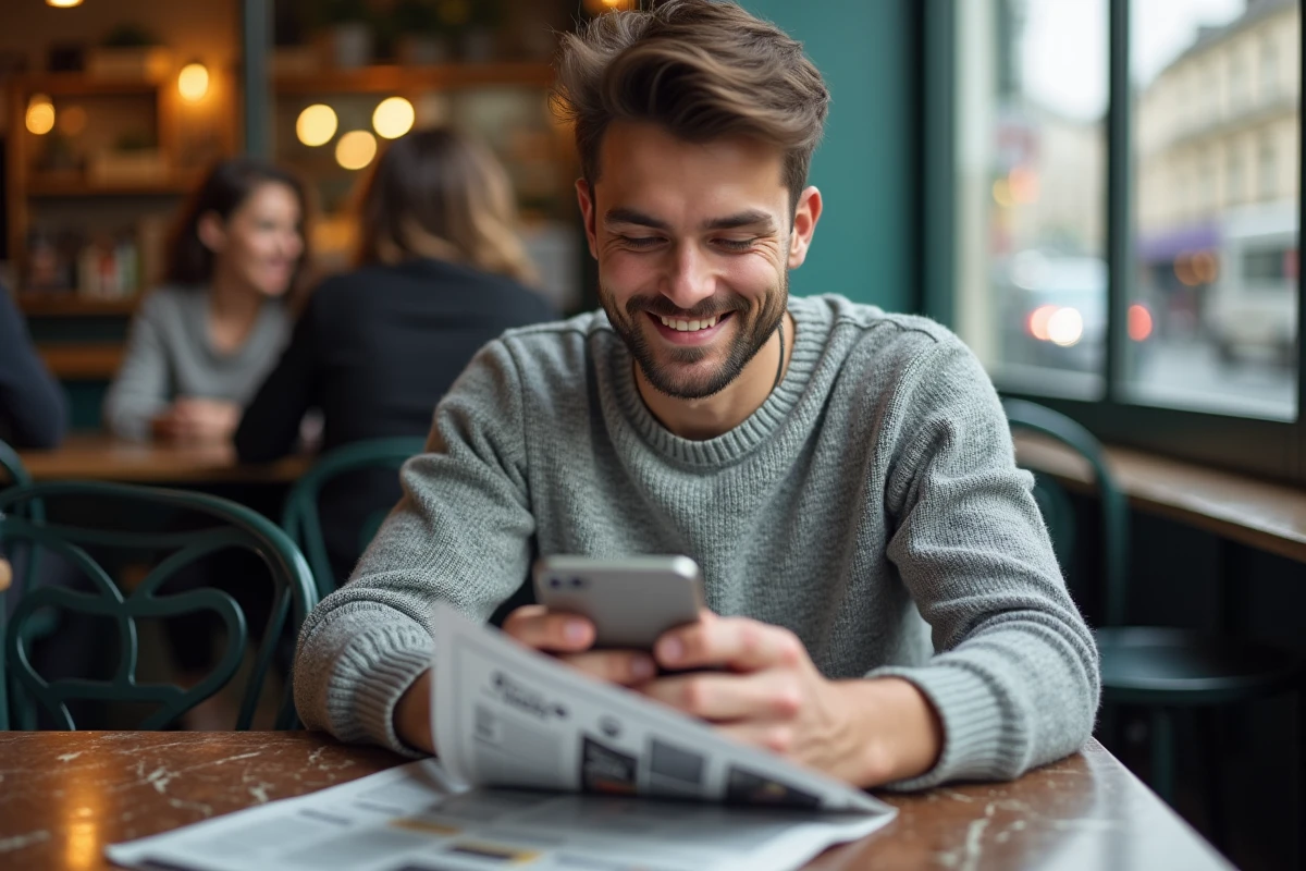 Jeune homme au café utilisant son smartphone