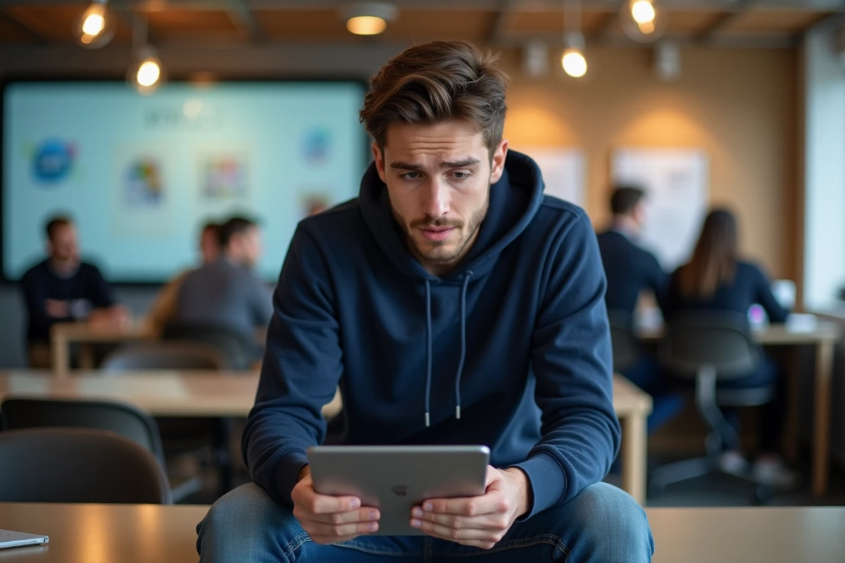Jeune homme au coworking utilisant une tablette avec frustration