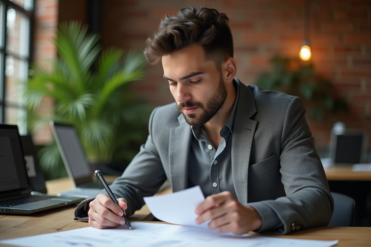 Jeune homme en réunion annotant un document avec collègues
