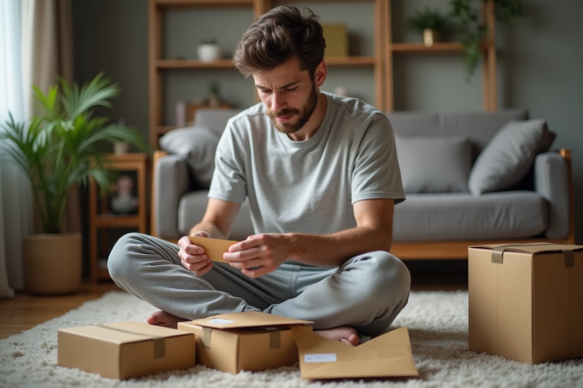 Jeune homme emballant des objets dans un salon