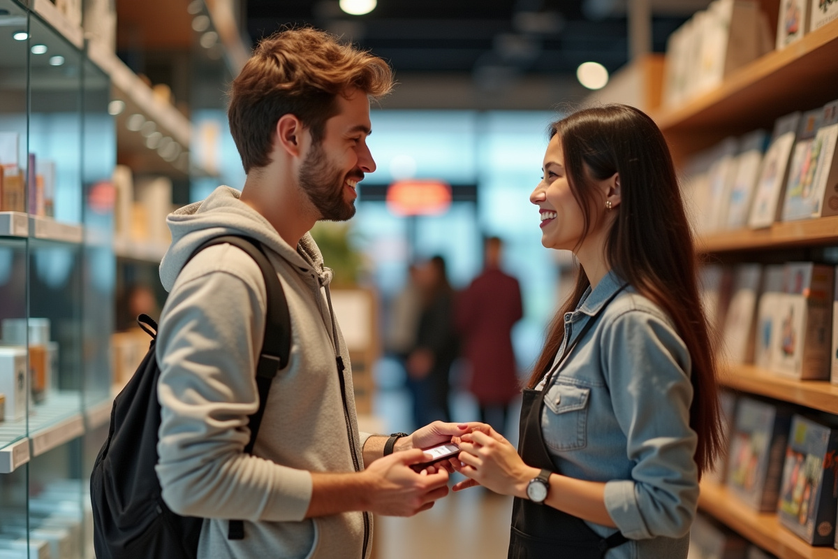 Jeune homme souriant découvrant des produits en magasin