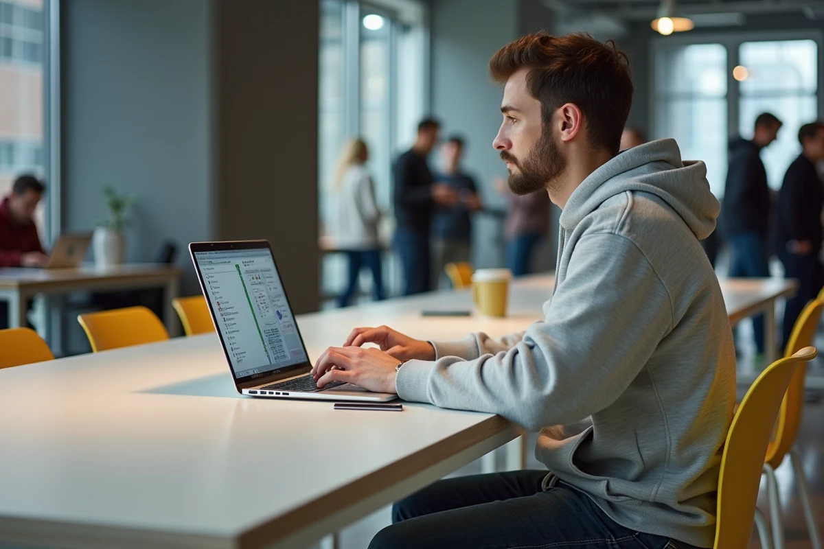 Jeune homme en hoodie travaillant sur un ordinateur portable