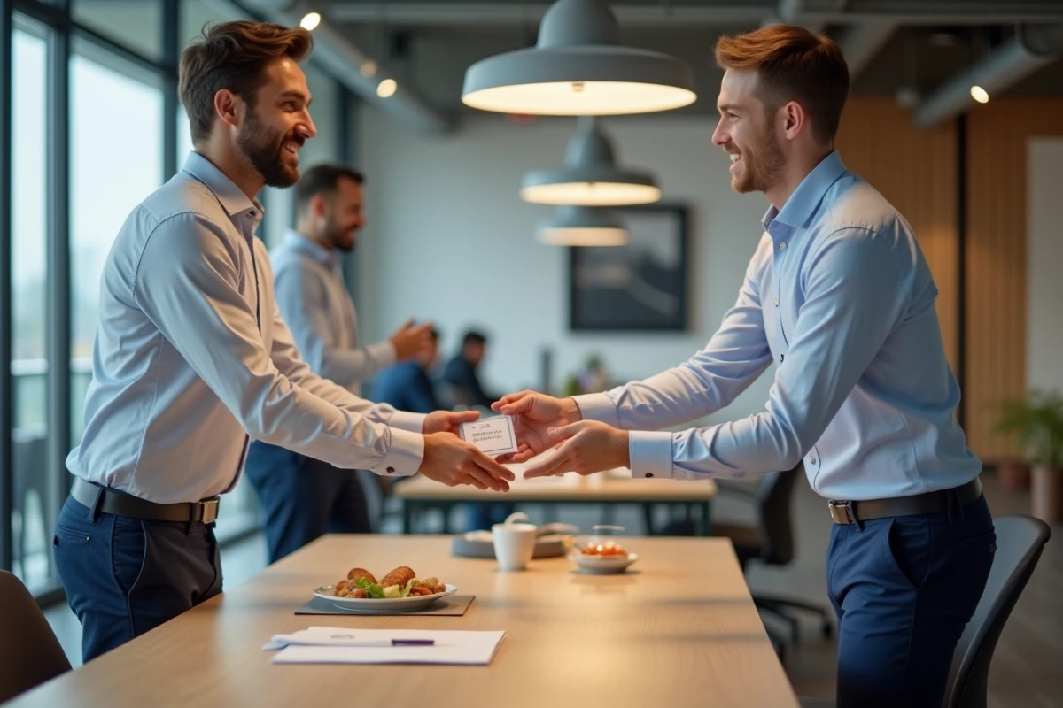 Jeune homme en entreprise remet un bon repas à un collègue