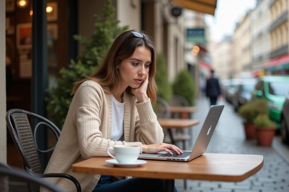 Jeune professionnelle consultant des informations sur la période d'essai CDD sur un ordinateur portable en terrasse