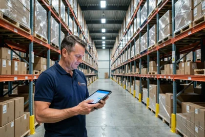Responsable logistique Kühne Nagel supervisant les opérations dans un entrepôt moderne de distribution