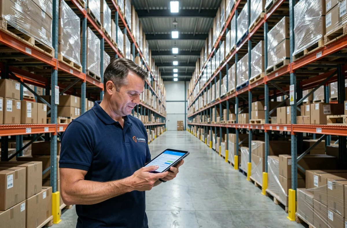 Responsable logistique Kühne Nagel supervisant les opérations dans un entrepôt moderne de distribution