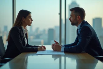 Responsable RH et employée examinant un document de licenciement lors d'un entretien professionnel en salle de réunion vitrée