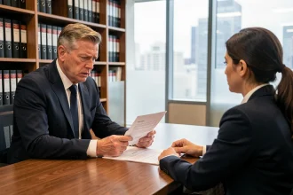Employé recevant une lettre de licenciement pour faute grave face à un responsable RH dans un bureau professionnel