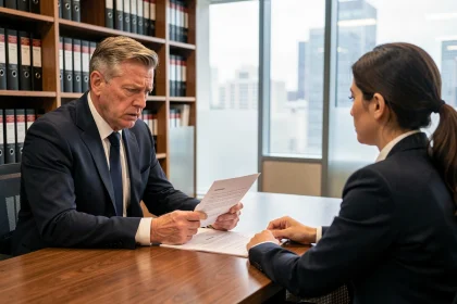 Employé recevant une lettre de licenciement pour faute grave face à un responsable RH dans un bureau professionnel