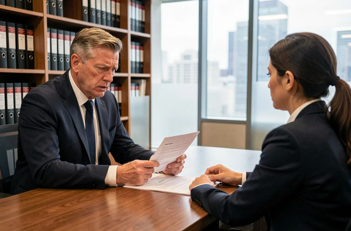 Employé recevant une lettre de licenciement pour faute grave face à un responsable RH dans un bureau professionnel