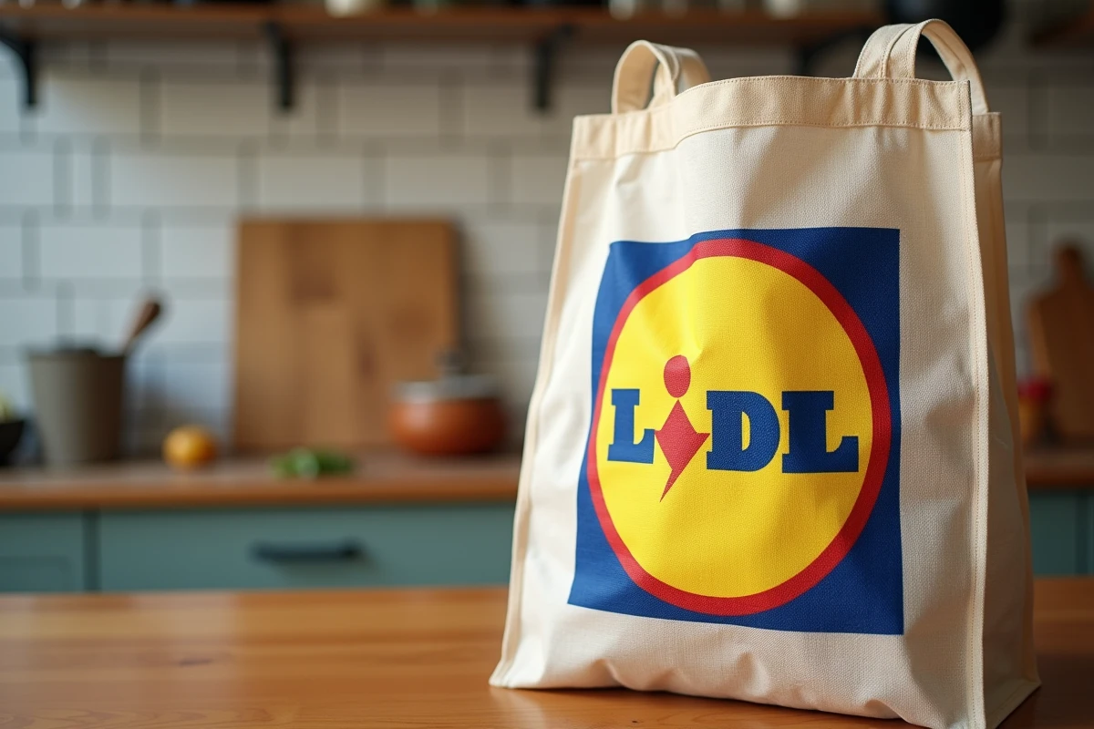 Gros plan du logo Lidl imprimé sur un sac de courses réutilisable posé sur une table en bois