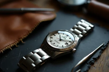 Gros plan sur le logo Omega gravé sur le cadran d'une montre Seamaster vintage posée sur une ardoise dans un atelier d'horlogerie