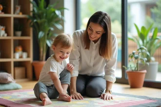 Maman et enfant jouent dans une crèche d'entreprise chaleureuse