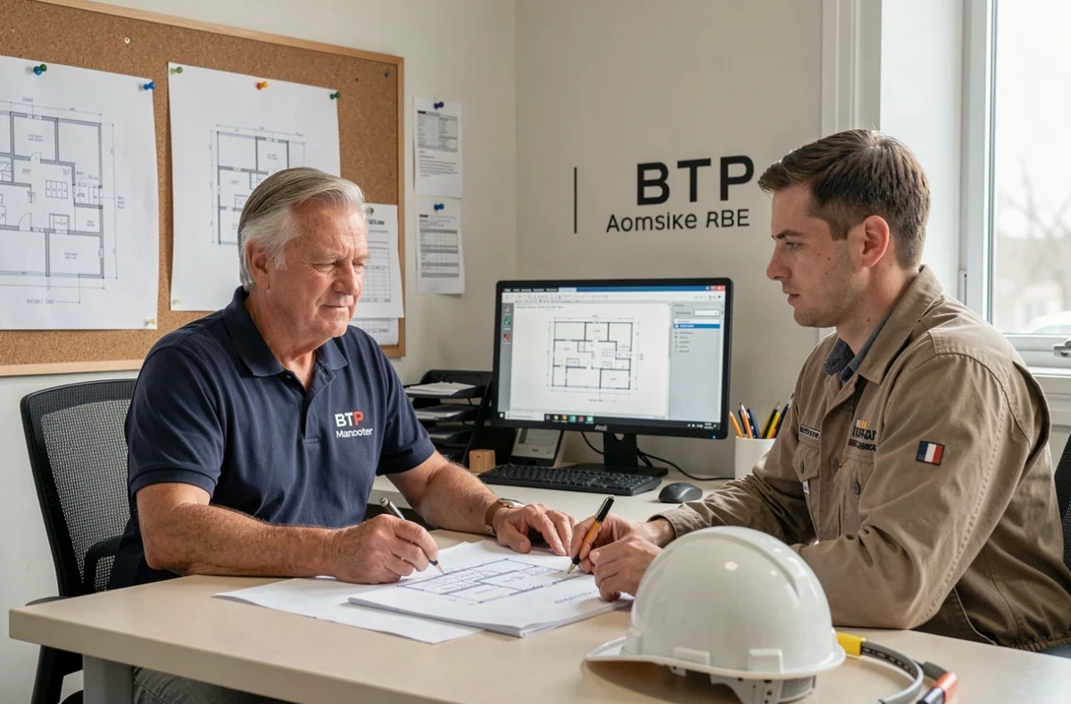 Recruteur Manpower BTP examinant des plans de construction avec un travailleur du bâtiment dans une agence spécialisée