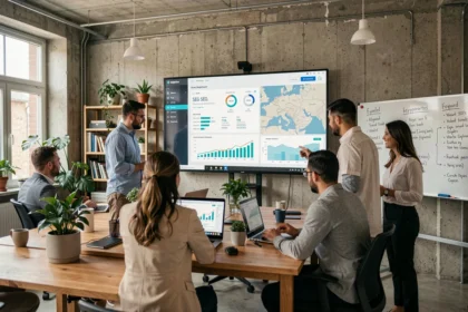 Équipe d'une agence SEO dans l'Eure travaillant sur des tableaux de bord analytiques dans un bureau moderne