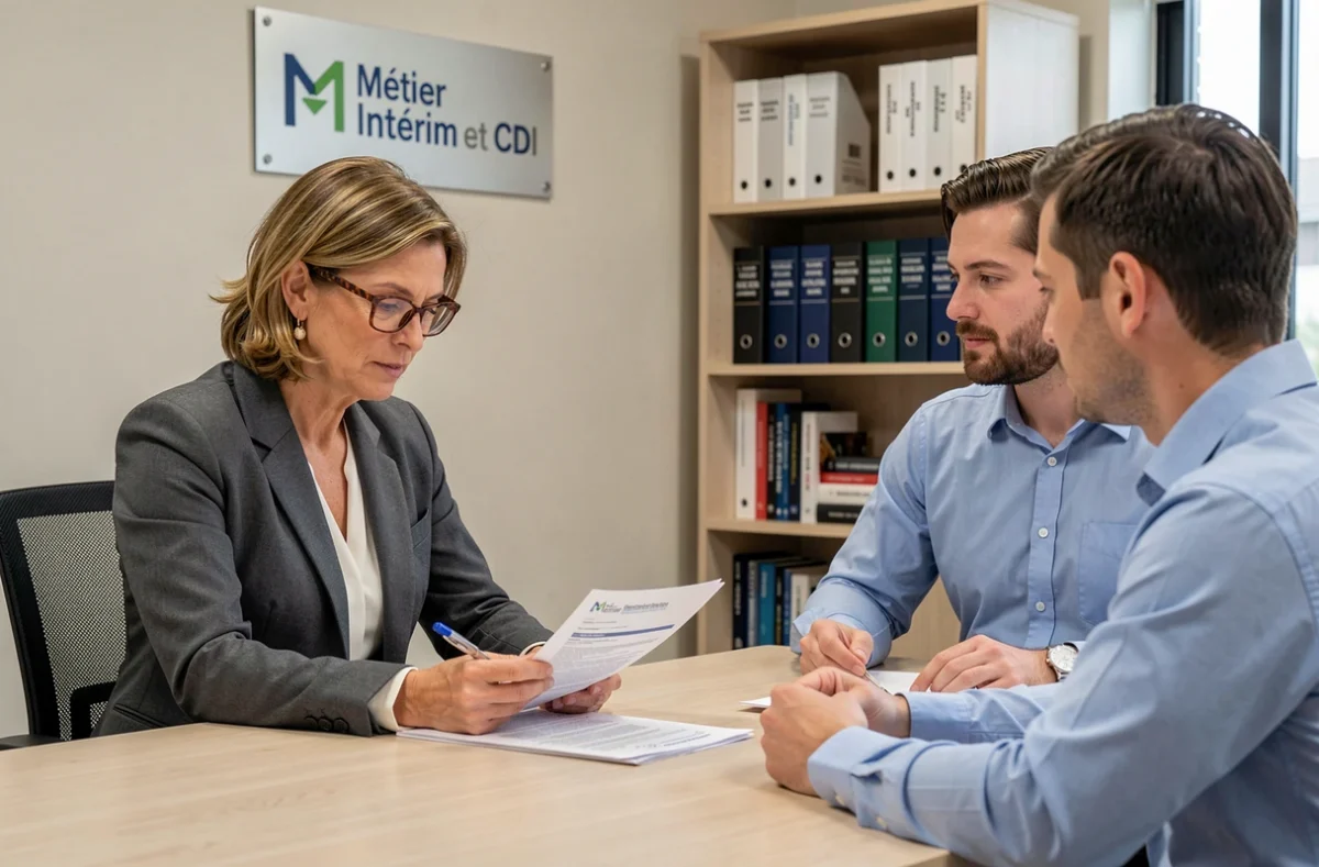 Consultante de Métier Intérim et CDI analysant le CV d'un candidat lors d'un entretien de recrutement ciblé