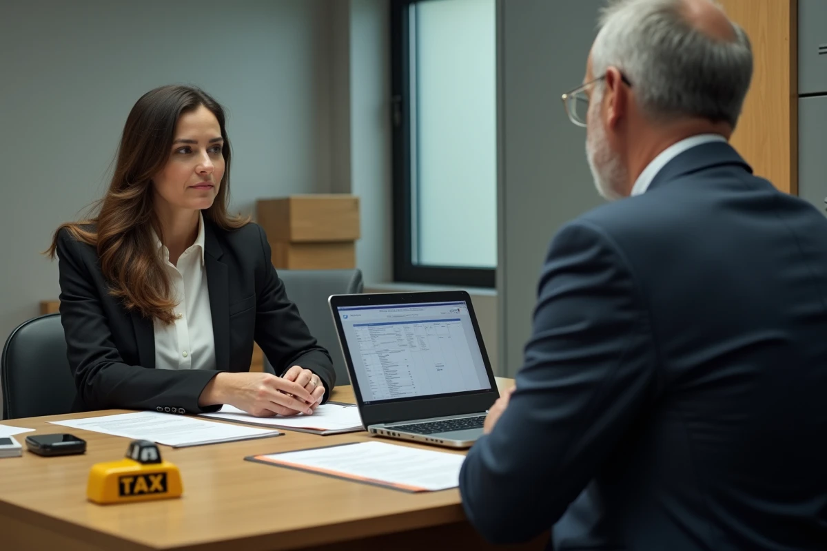 Négociation entre acheteur et vendeur d'une licence taxi avec documents et contrats sur un bureau professionnel