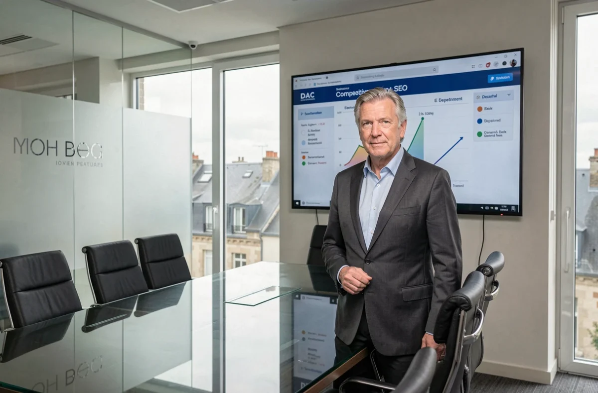 Consultant senior de Net Consulting présentant une analyse SEO concurrentielle dans l'Eure sur un écran de salle de réunion