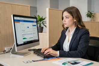Nouvelle agente de la ville de Paris se connectant pour la première fois à l'intranet municipal IntraParis sur son ordinateur de bureau
