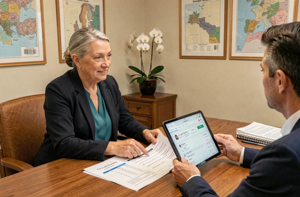 Consultante de Numispark présentant un rapport SEO local à des clients PME dans une salle de réunion