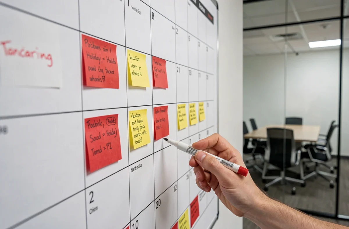 Planning mural annuel en entreprise indiquant les jours fériés et périodes de congés payés avec codes couleur