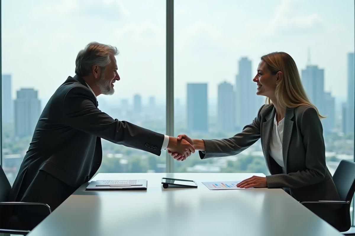 Deux dirigeants d'entreprise concluant un partenariat B2B lors d'une réunion professionnelle en salle de conférence avec vue sur la ville