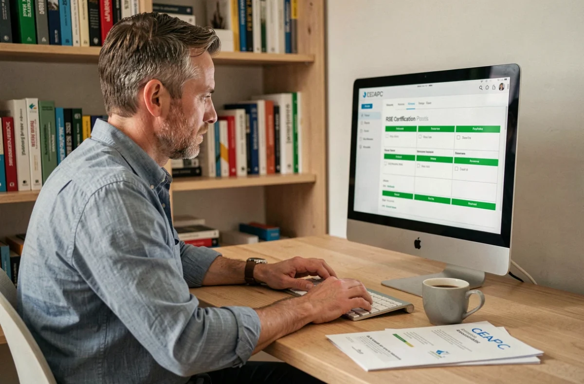 Professionnel consultant un outil de certification RSE CEAPC sur son ordinateur dans un bureau moderne